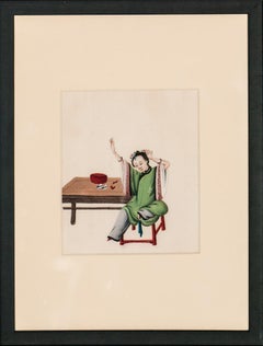 Vintage "Chinois Lady In Jade Robe" c1930s Gouache