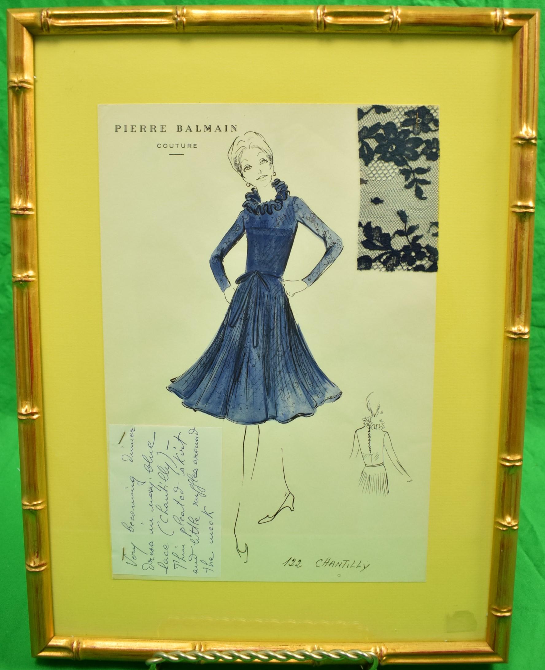 Chic original watercolour couture fashion sketch replete w/ lace fabric swatch & note attached (LL) from the Paris atelier of Pierre Balmain 

c1960s

Plate Sz: 12"H x 8 1/4"W

Frame Sz: 17"H x 13"W