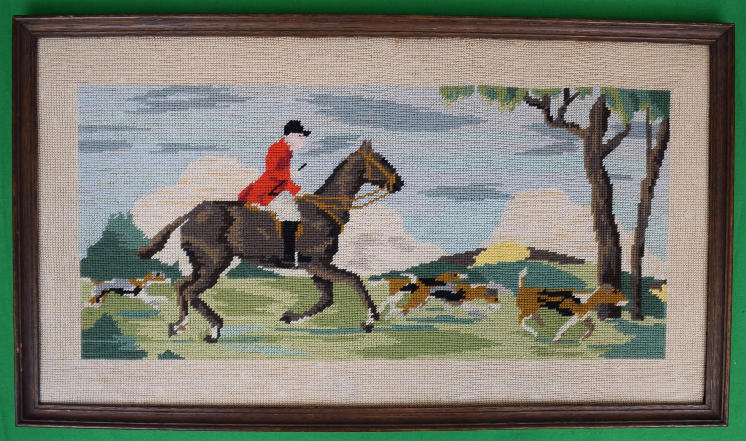 "Hand-Needlepoint Fox-Hunter Framed Panel" - Art by Unknown