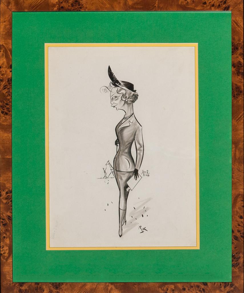 "Lady At Turf Race" Original Pen & Ink Drawing by "Peb" (b.1926-) - Art by "Peb" Pierre Bellocq