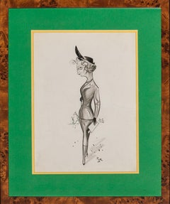 Vintage "Lady At Turf Race" Original Pen & Ink Drawing by "Peb" (b.1926-)