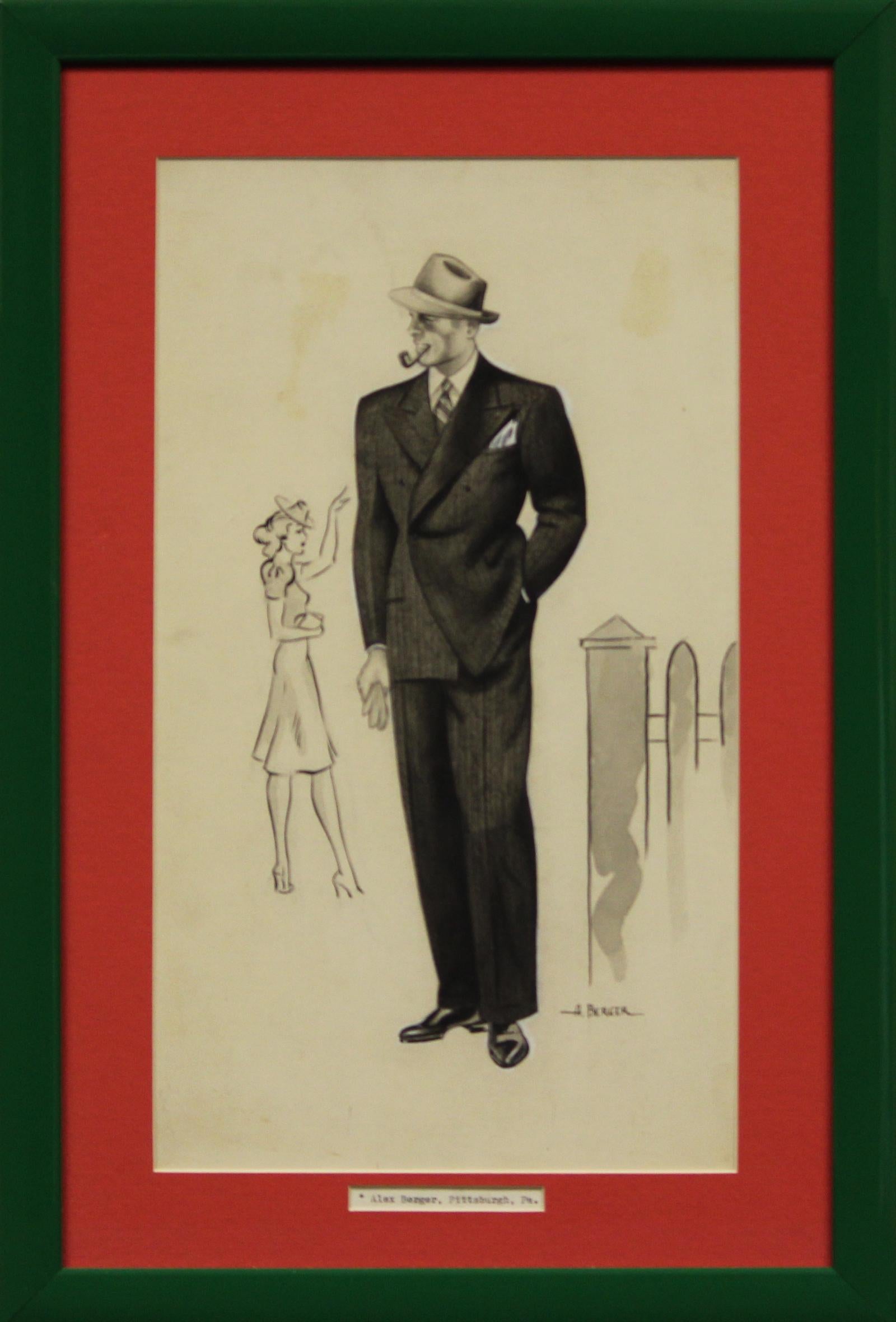 Klassische originale Aquarell- und Gouache-Illustration aus dem Jahr 1938, die einen eleganten, Pfeife rauchenden Herrn in einem doppelreihigen Fischgrätenanzug zeigt, dem eine bewundernde Frau zuwinkt, signiert A(lex) Berger, Pittsburg, PA

Kunst
