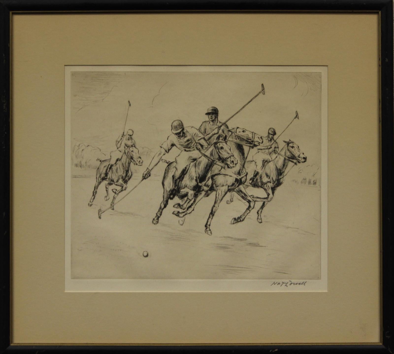 „Four Charging Polo Players“ Signierte Original-Radierung von Nat Lowell – Art von Nat Lowell 