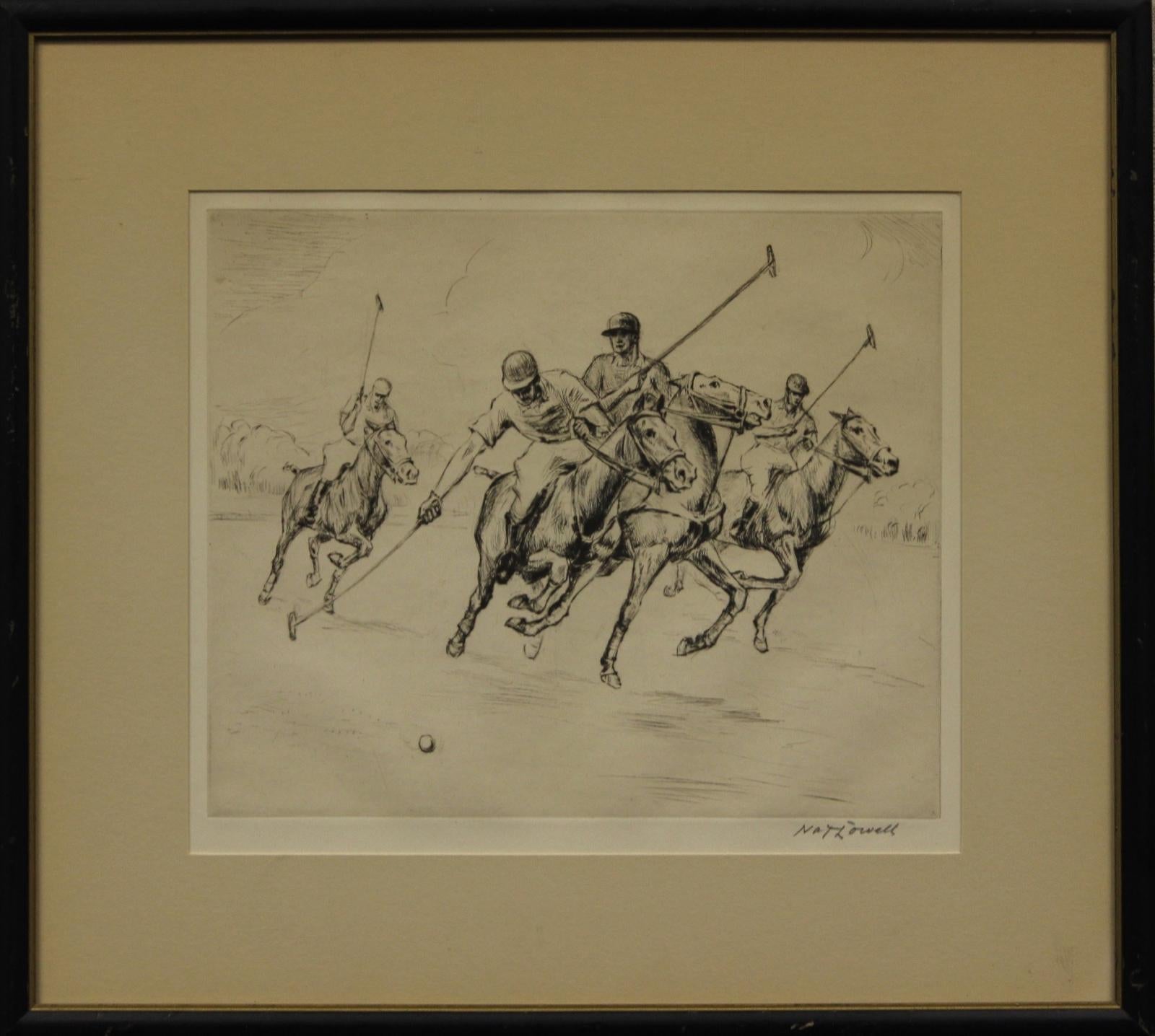 « Four Charging Polo Players » signé, gravure originale de Nat Lowell (1880-1956)