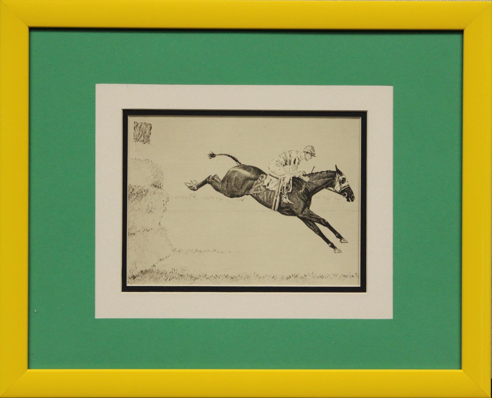 Klassische Kaltnadelradierung von Paul Desmond Brown (1893-1958) aus den 1930er Jahren, die einen Gentleman-Jockey an Bord des Hindernisläufers Nr. 1 bei der Beseitigung eines Zauns zeigt

Kunst Sz: 5 1/4 "H x 7 1/4 "W

Rahmengröße: 12 1/2 "H x 15