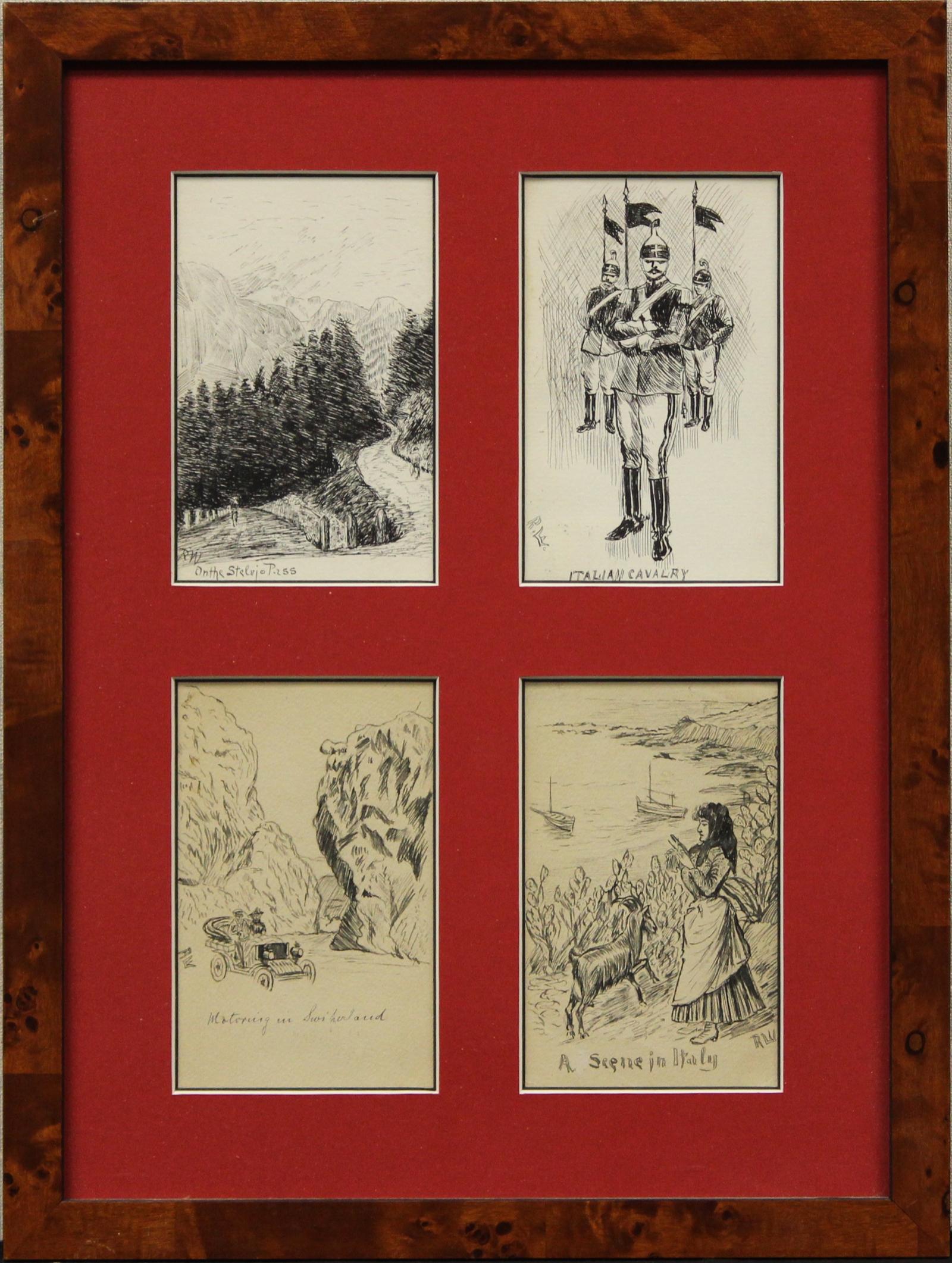 Quatre dessins de cartes postales à la plume et à l'encre datant des années 1910 - Art de R Weniger