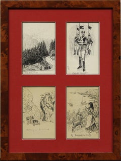 Quatre dessins de cartes postales à la plume et à l'encre datant des années 1910