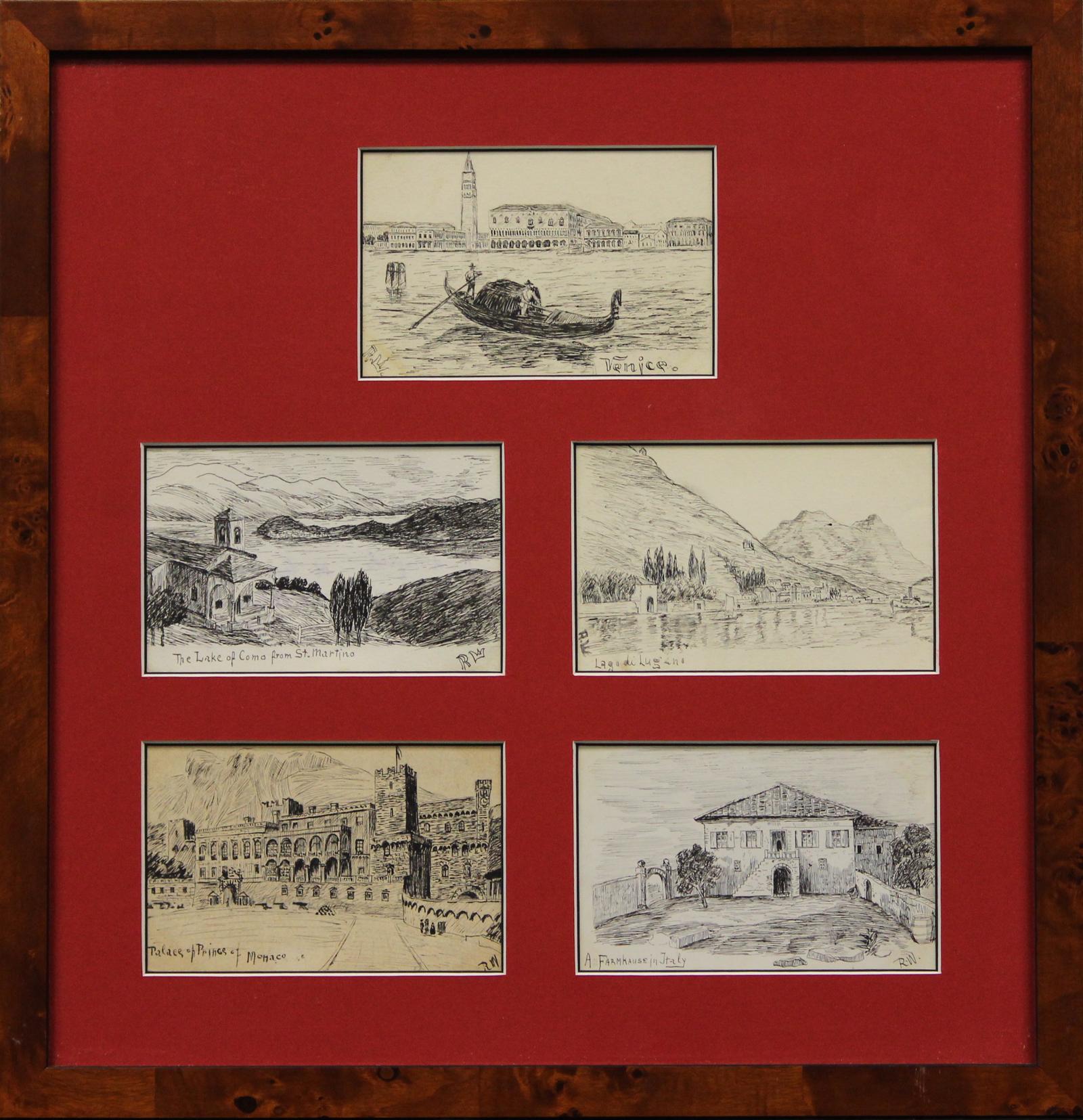 5 Postcard Pen & Ink c1910s Drawings from Italy