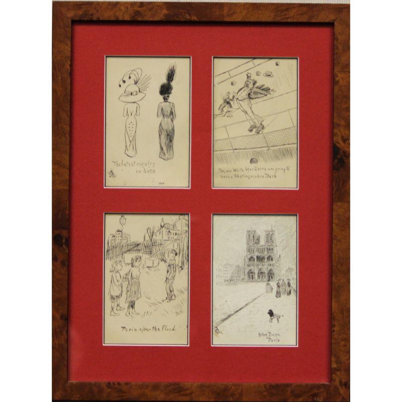 Four c1910s Postcard Framed Pen & Ink Drawings - Art by R. Weniger