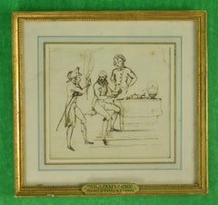 Antique William Locke (1767-1847) Brown Ink on Paper of General D'Arblay & Friends