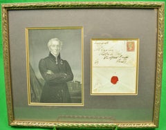 Antique Framed English Portrait w/ c1848 1 Penny Postage Stamp/ Envelope