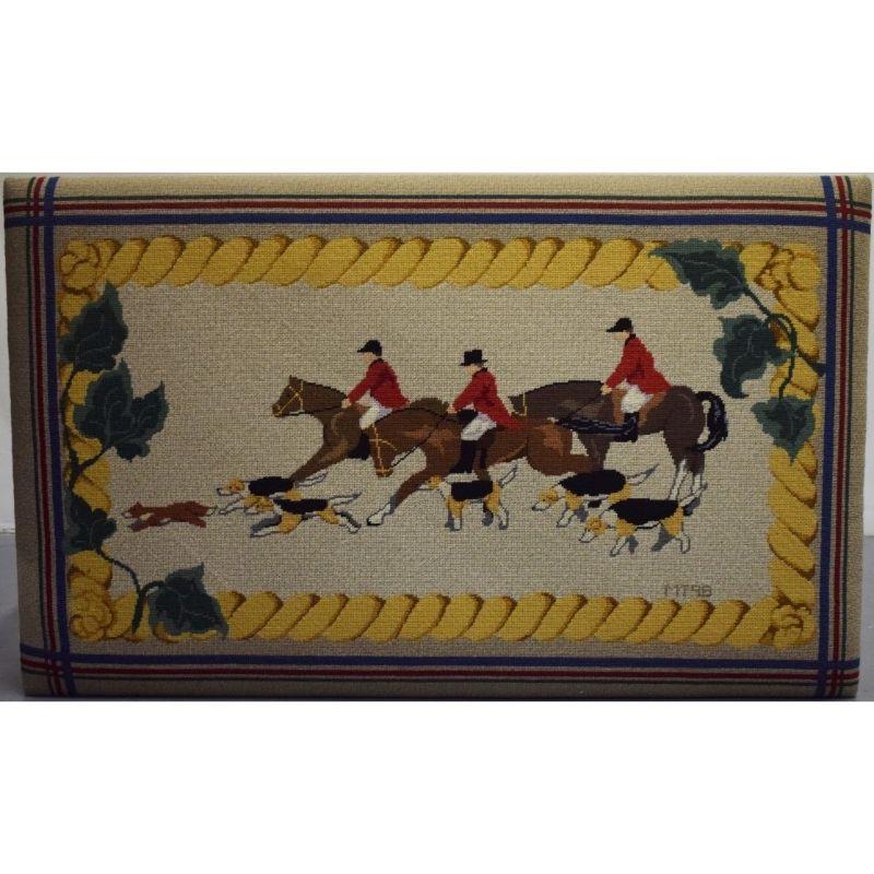 Hand-Needlepoint Fox-Hunt Bench/ Table Signed: MT 98 - Art by Unknown
