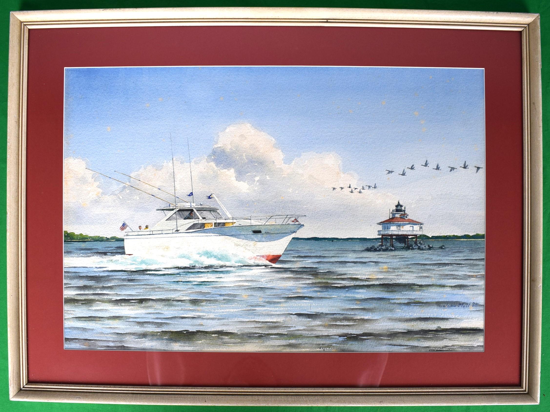 Motorboat Off Eastern Shore Maryland w/ Geese In Flight 1968 Watercolor by John  - Art by John Moll (1908-1991)