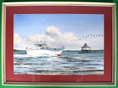 Vintage Motorboat Off Eastern Shore Maryland w/ Geese In Flight 1968 Watercolor by John 