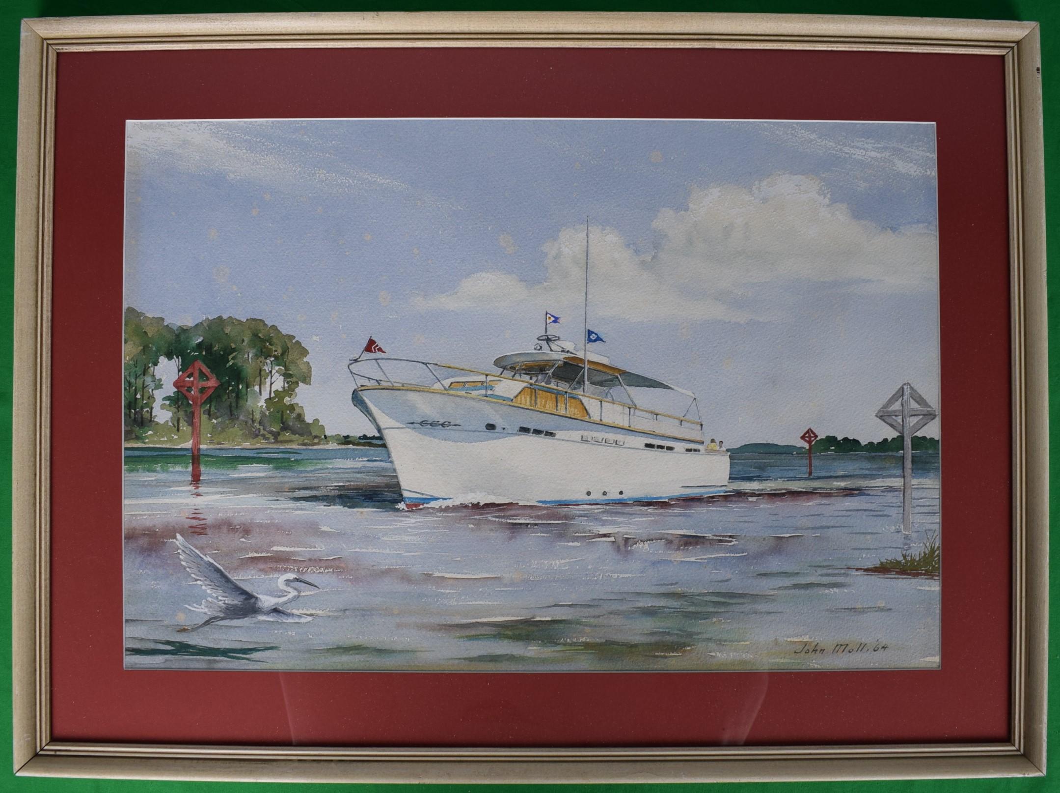Motorboat Cruising Off The Eastern Shore Of Maryland 1964 Watercolor by John Mol - Art by John Moll