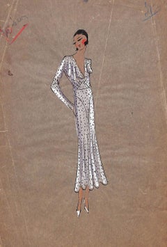 Antique Parisian Women's c1920s Fashion Gouache