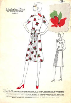 Christian Dior No 28 Illustration de mode originale avec Swatch de tissu Couture