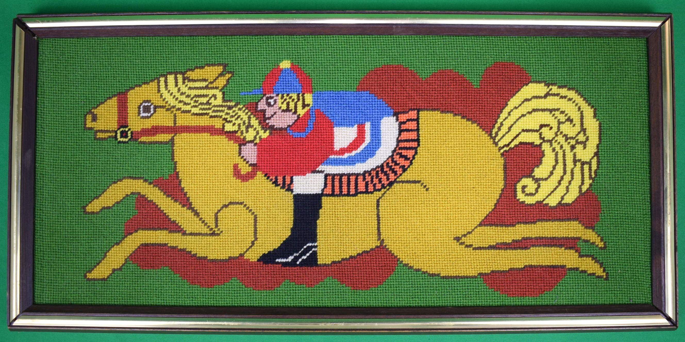 Hand-Needlepoint c1970s Jockey/ Racehorse Tray - Art by Unknown