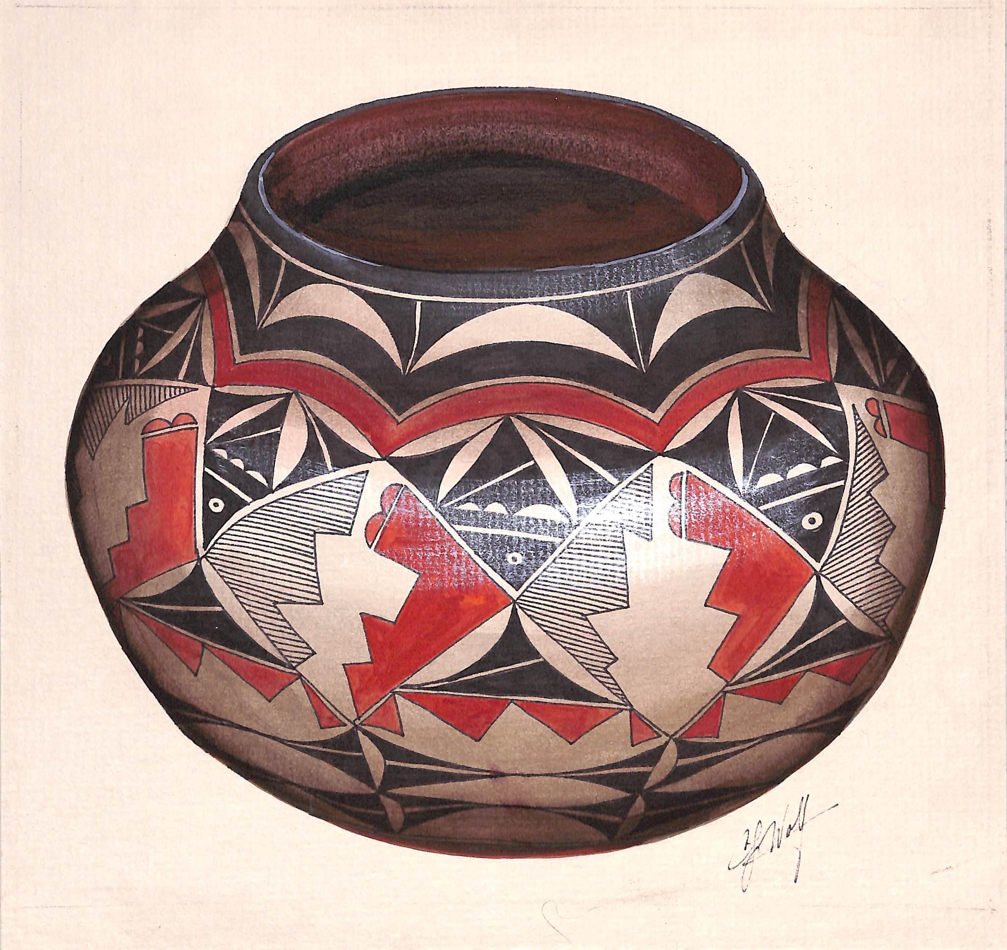 Sz : 9 3/4 "H x 10 1/8 "W

La poterie d'Acoma remonte à plus de 1 000 ans. L'argile locale dense, creusée dans un site voisin, est essentielle à la poterie d'Acoma. L'argile est séchée et renforcée par l'ajout de tessons de poterie pulvérisés. Les