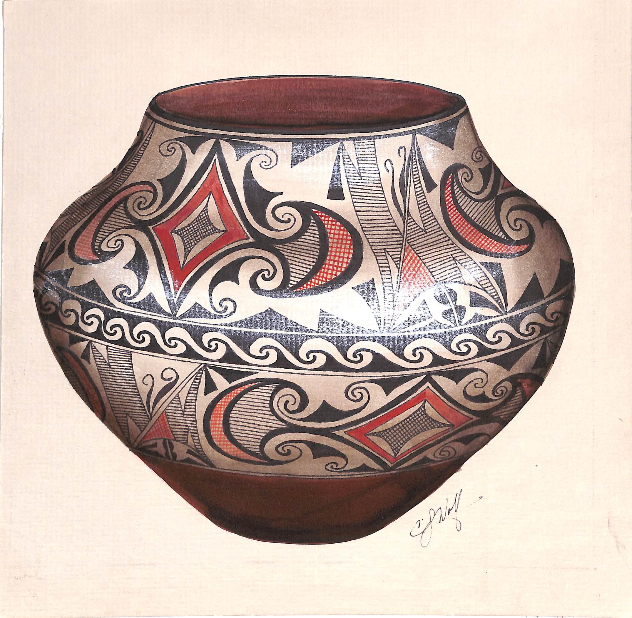 Sz: 10 3/8"H x 10 5/8"W

Acoma pottery dates back more than 1,000 years. Dense local clay, dug up at a nearby site, is essential to Acoma pottery. The clay is dried and strengthened by the addition of pulverized pottery shards. The pieces then are