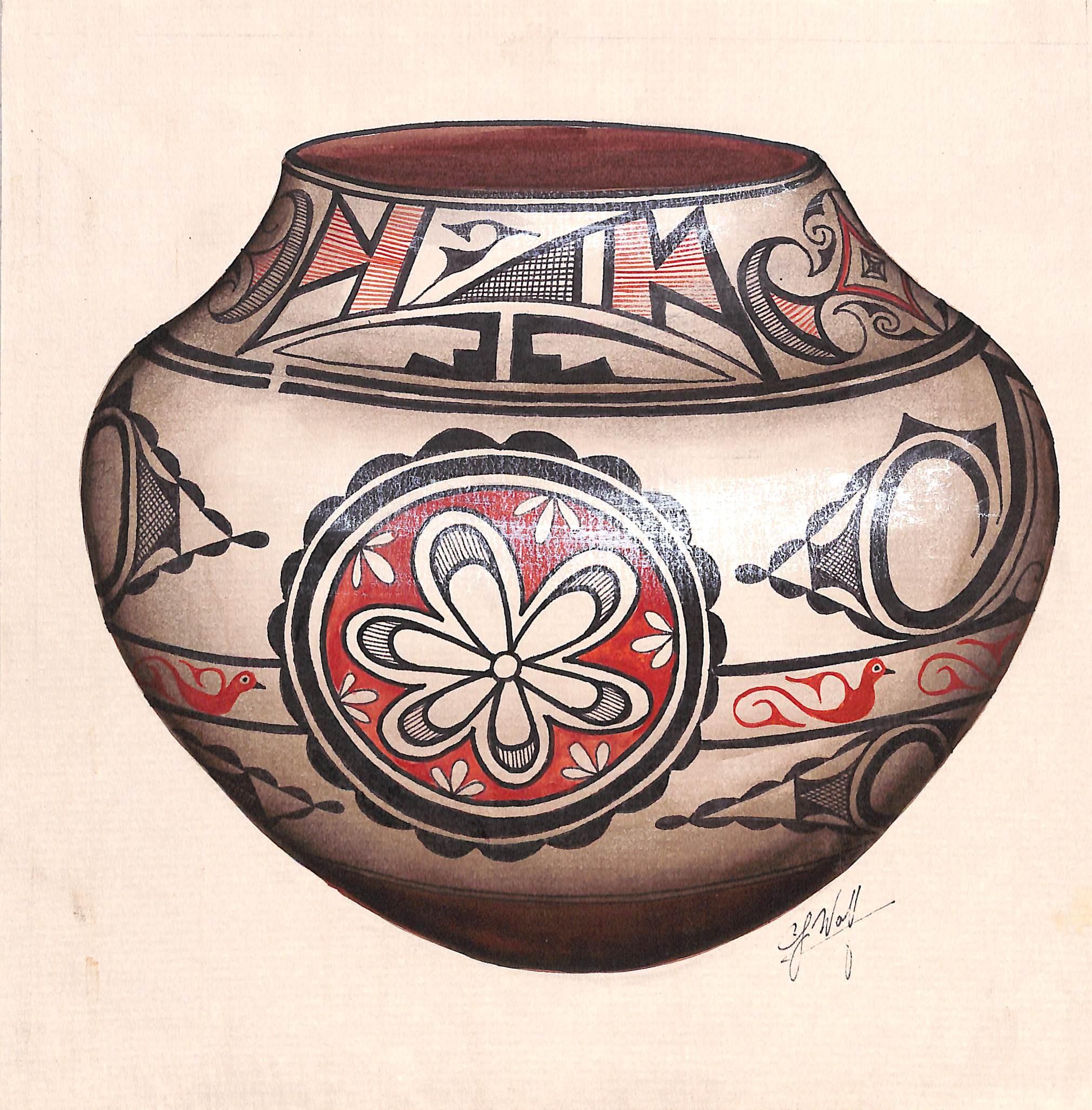 Sz: 10 1/4"H x 10"W

Acoma pottery dates back more than 1,000 years. Dense local clay, dug up at a nearby site, is essential to Acoma pottery. The clay is dried and strengthened by the addition of pulverized pottery shards. The pieces then are