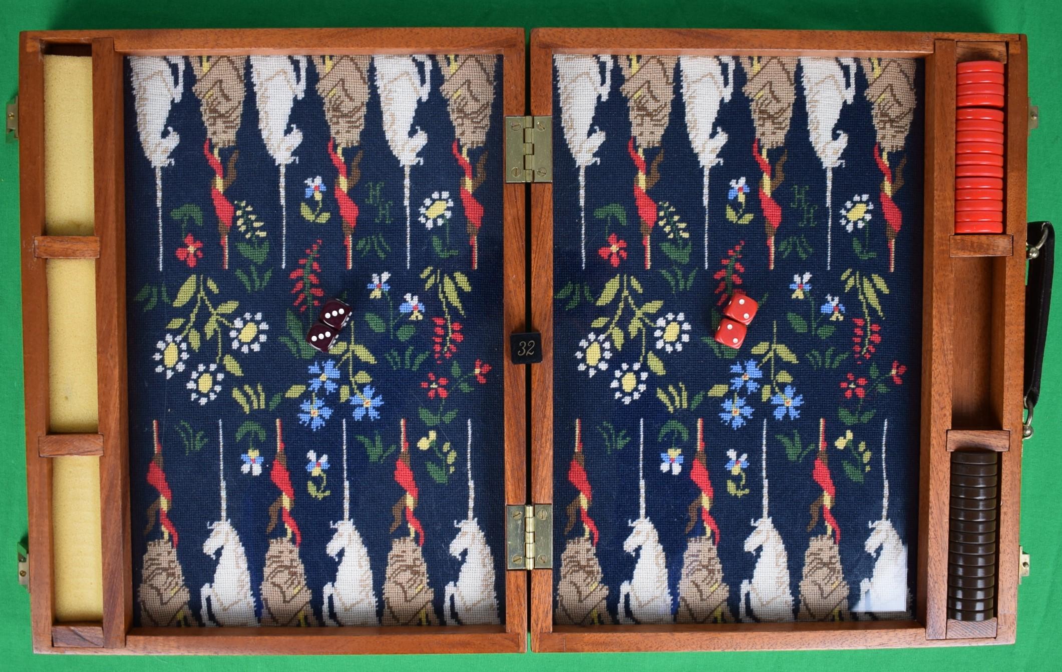 Hand-Needlepoint Unicorn Backgammon Case w/ Red/ Brown Checkers - Art by Unknown