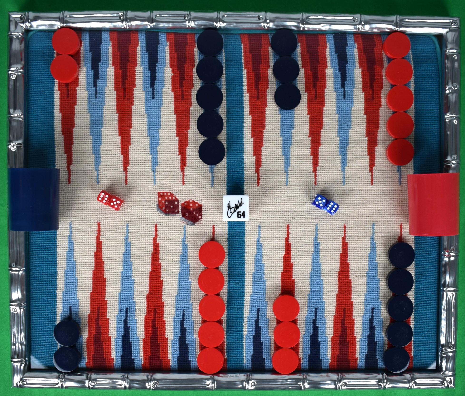 Needlepoint Backgammon Board w/ Red/ Blue Checkers - Art by Unknown