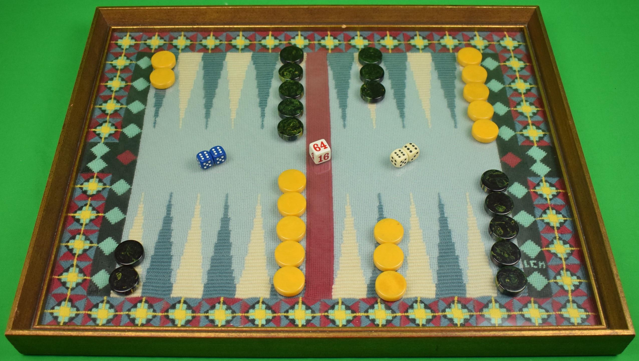 Hand-Petit Needlepoint Backgammon Board w/ Chips & Dice - Art by Unknown