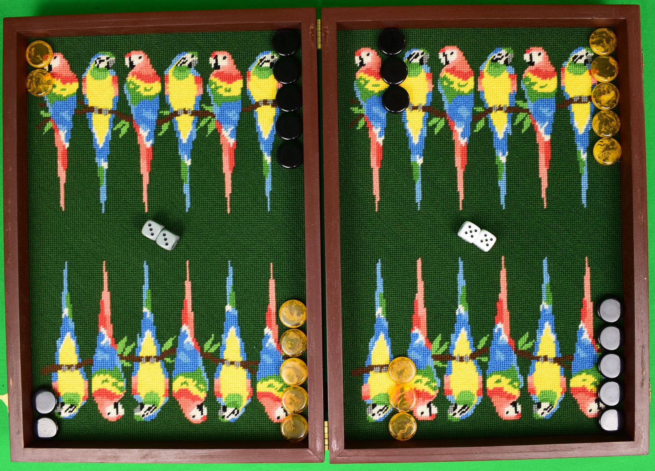Green Needlepoint Tropical Parrots Backgammon Board - Art by Unknown