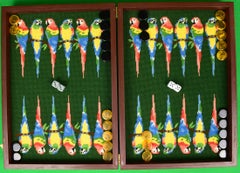 Vintage Green Needlepoint Tropical Parrots Backgammon Board