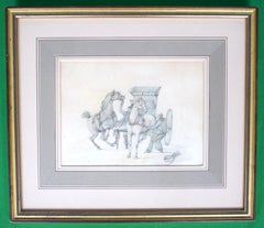 Putting a Pair to a Horse-Breakers Skeleton Brake 18th C. Watercolour by H Alken