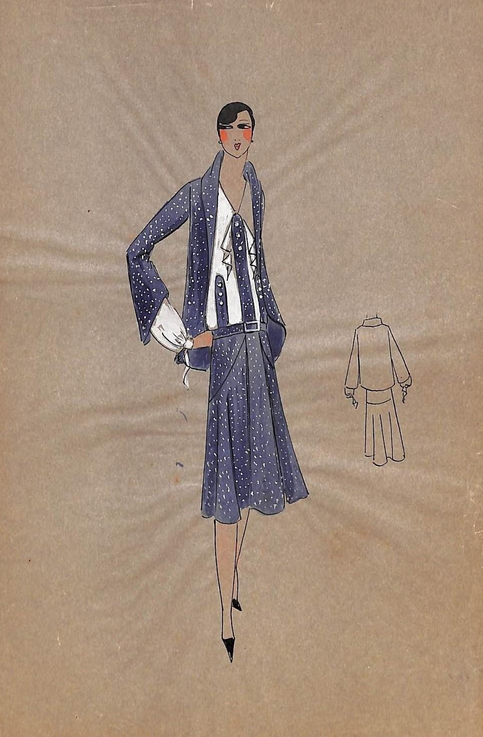 Lanvin di Parigi, anni '20 circa, illustrazione di moda originale a guazzo