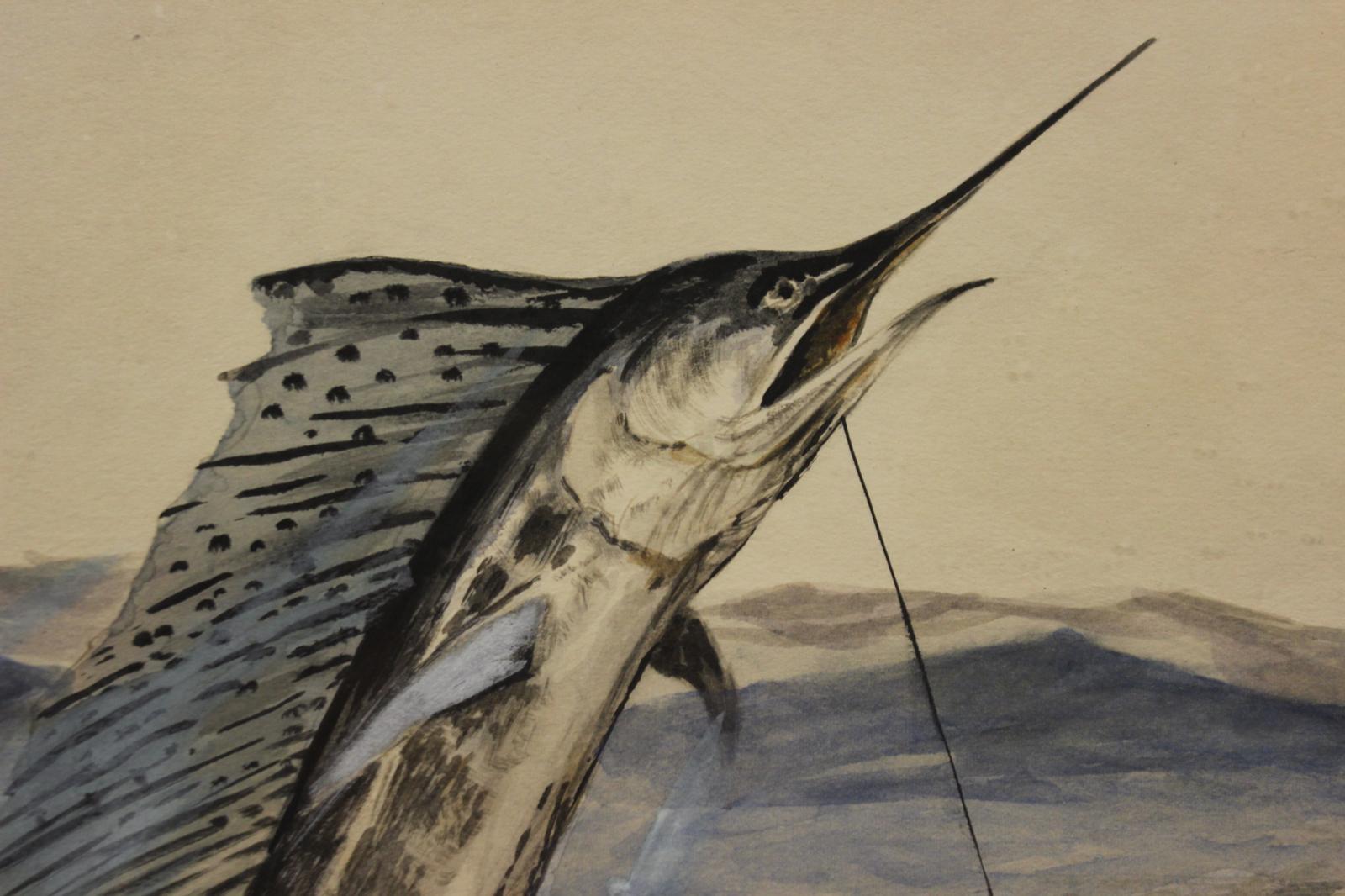 Classic watercolour depicting a leaping swordfish taking the bait

Art Sz: 13 1/2