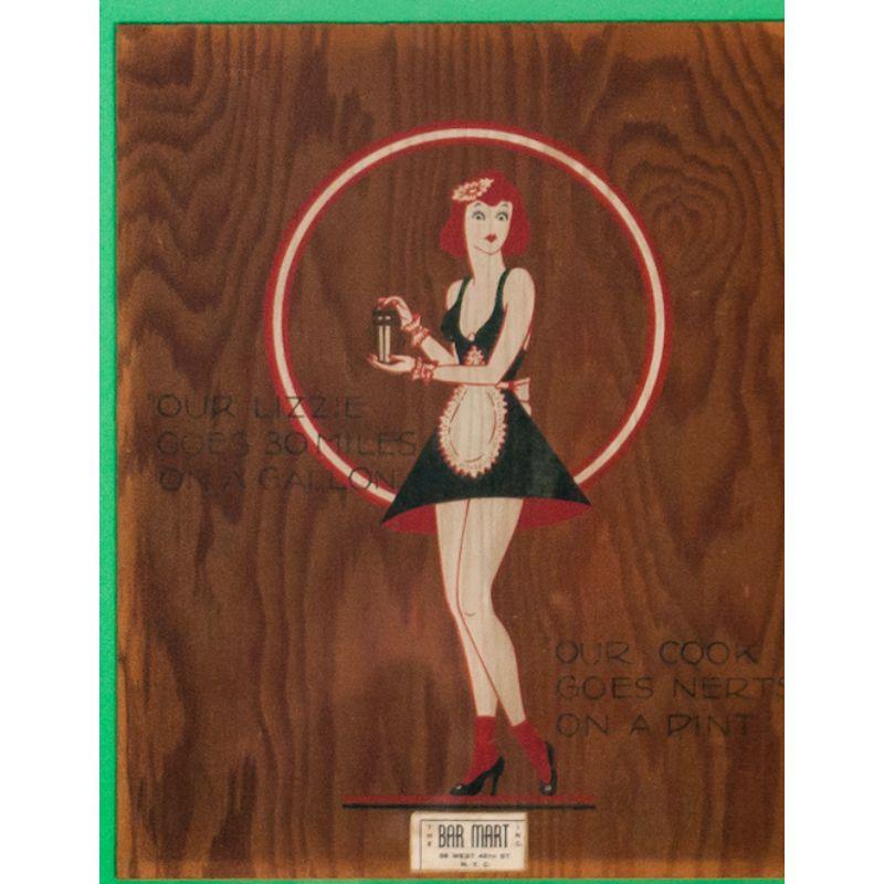 Handbemalte Holztafel mit Lizzie, die einen Cocktail-Shaker schüttelt

ca. 1930er Jahre mit Stempel der Bar Mart Inc.

Kunst Sz: 11 