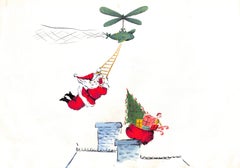 "Lanvin Paris Santa Delivering Presents From Helicopter c1950s Artwork"
