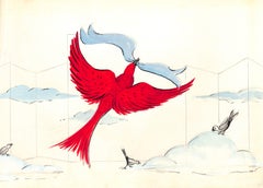 "Lanvin Paris Red Dove w/ Blue Ribbon c1950s Artwork"