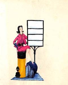"Lanvin Paris Perfume w/ Chic Lady & Poodle c1950s Advertising Artwork"