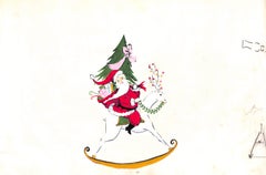 "Lanvin Paris w/ Santa Riding Reindeer Sleigh c1950s Artwork"