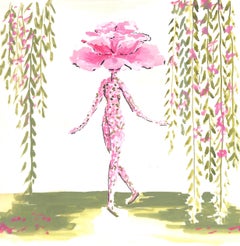 "Lanvin Paris Pink/ Green Floral Lady Two-Sided c1950s Artwork"