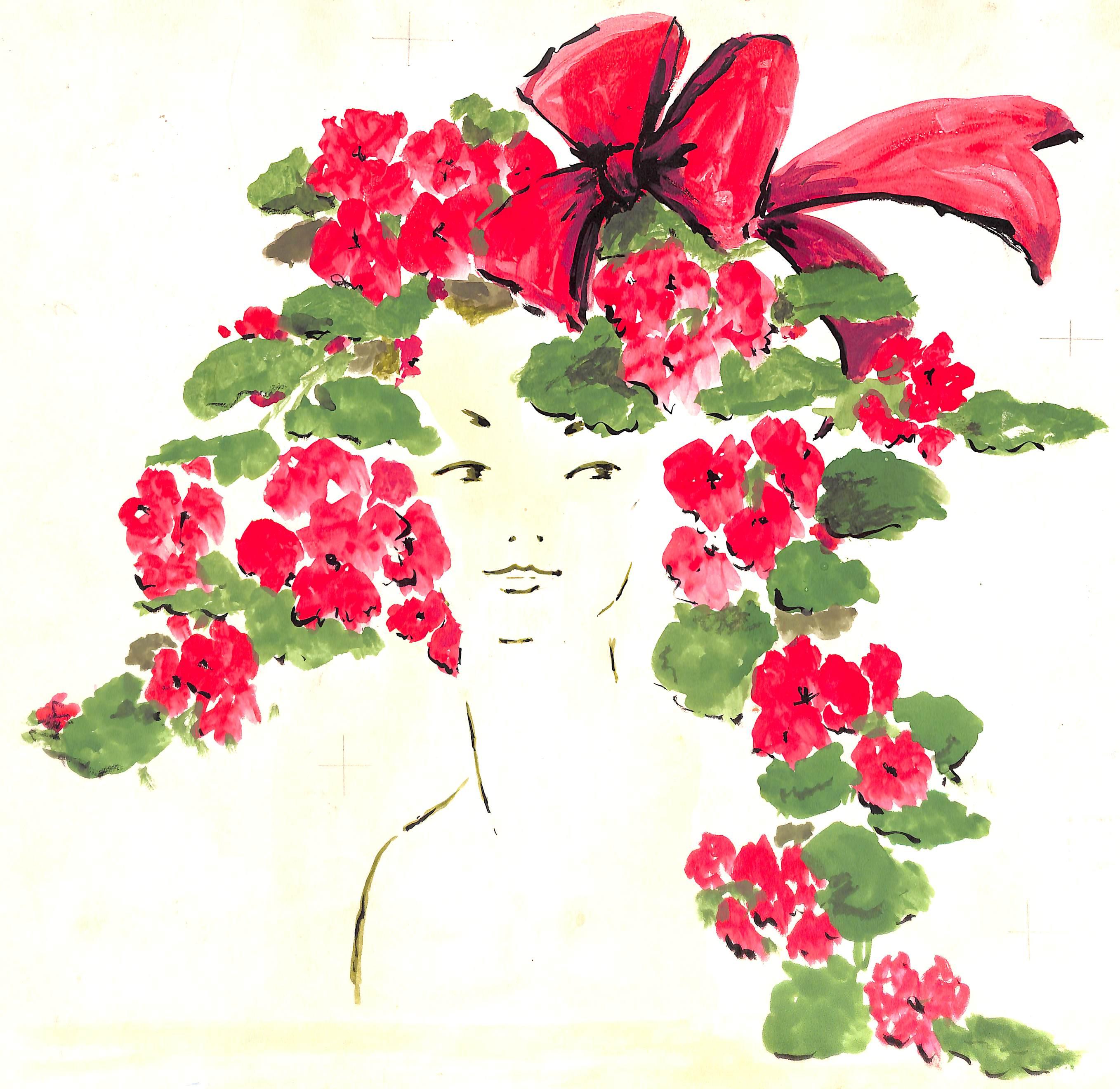 „Lanvin Paris Lady w/ Rose Headress ca. 1950er Jahre Kunstwerk – Art von Alexander Warren Montel