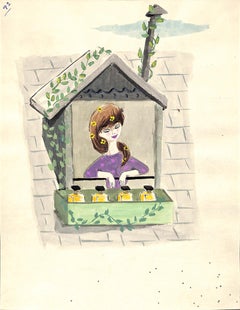 "Lanvin Paris Girl w/ Perfume Bottle Windowsill c1950s Artwork"