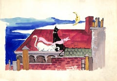 Lanvin Paris Black & White Felines On Rooftop c1950s Advertising Artwork