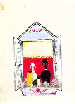"Lanvin Paris Perfume w/ Black & White Poodle On Windowsill c1950s Artwork"