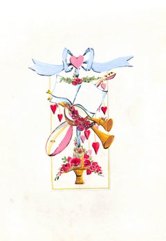 "Lanvin Paris Pink Heart w/ Blue Ribbon c1950s Artwork"