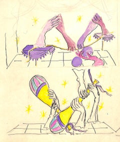 "Lanvin Paris Pink/ Yellow Display Arms c1950s Advert Watercolor Artwork"