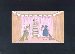 Lanvin Paris x Wamsutta Models w / Etagere c1950s Werbung Kunstwerk