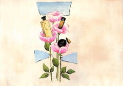 "Lanvin Paris Perfume Bottles On Rosebuds c1950s Watercolor Artwork"