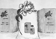 "Lanvin Paris Pearl Grey Lady Rosebud c1950s Watercolor Artwork"