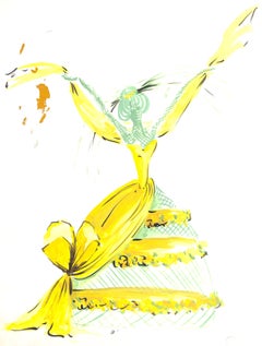 „Lanvin Paris Grüne Dame mit gelbem Kleid, Aquarellkunstwerk, 1950er Jahre“