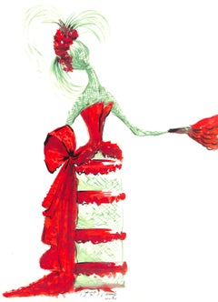 "Lanvin Paris Green Lady w/ Red Sash Dress c1950s Fashion Artwork"